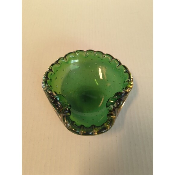 Art Glass Ashtray Bowl Green Bullicante Controlled Bubble Murano Vintage - Picture 1 of 9